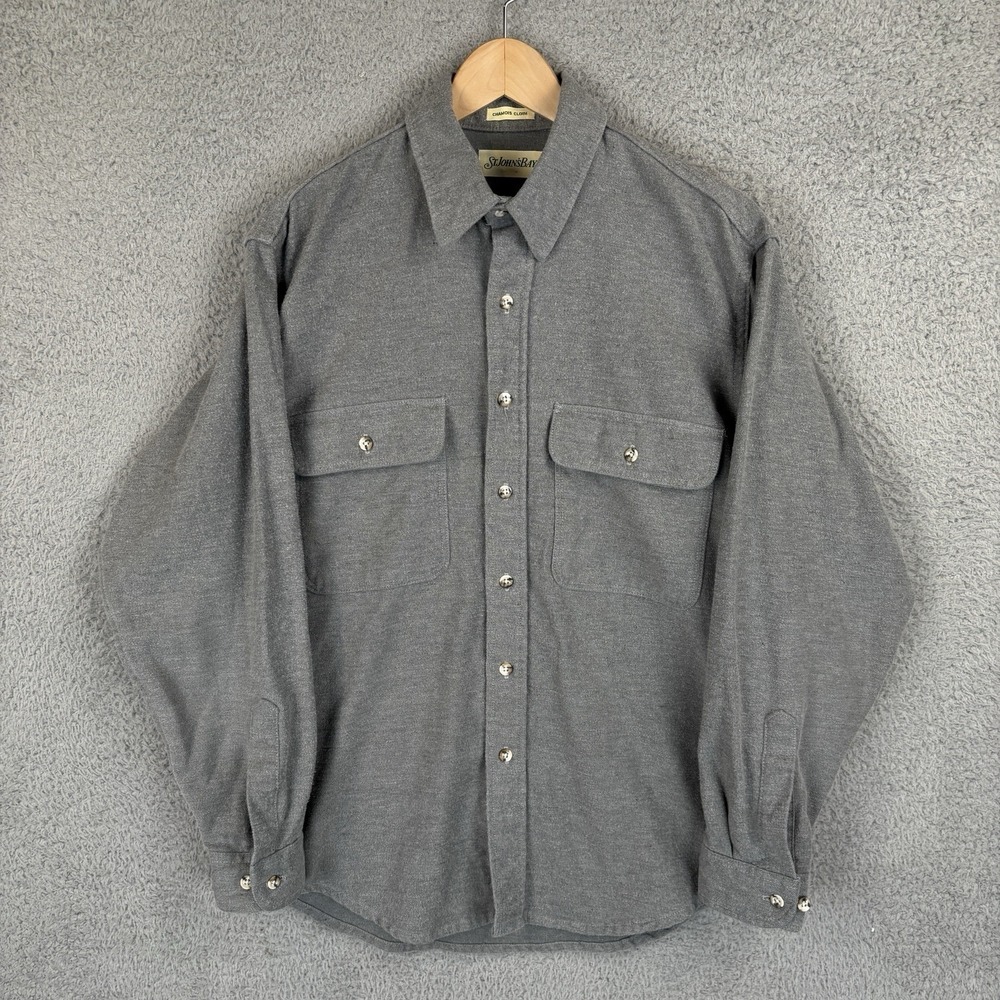 Vintage St John's Bay Gray Long Sleeve Button Up Mens Large Chamois 100% Cotton